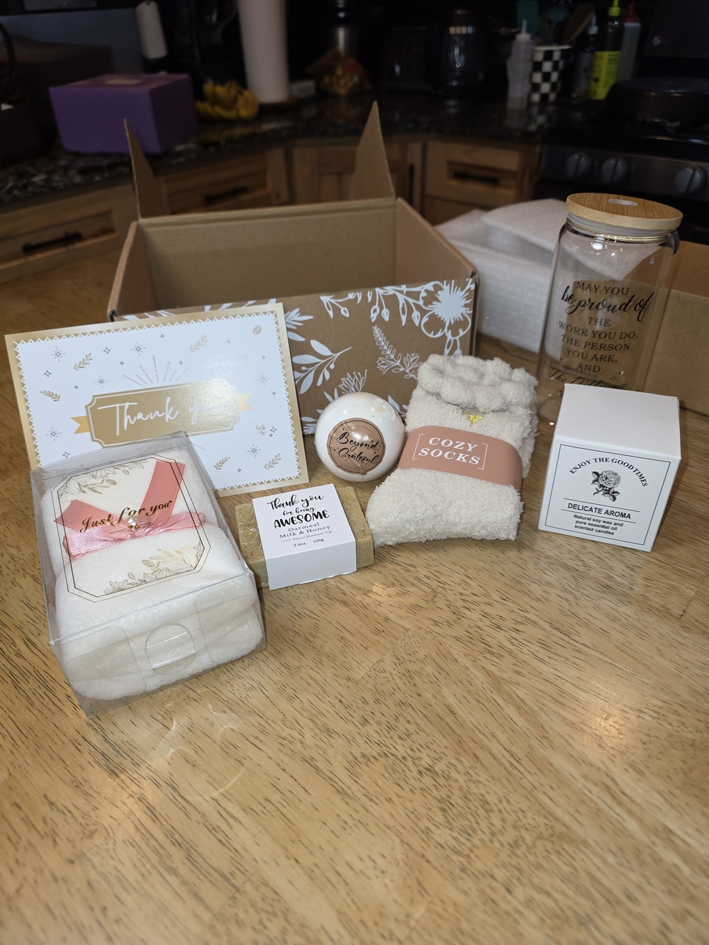 Thank YOU Cozy Gift Set with Cream Plush Socks & Candle